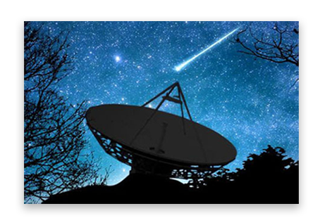 Large corporate satellite dish in front of a night sky with shooting stars