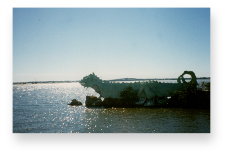The concrete dragon, Annie, built in the water at the southern tip of Merritt Island.